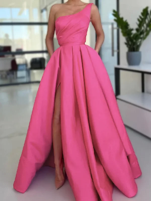 One Shoulder Pink Satin Long Prom Dresses with High Slit, Pink Satin Long Formal Evening Dresses Boat Neckline Classic