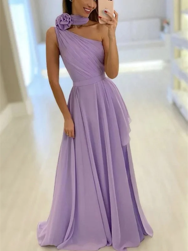 One Shoulder Purple Chiffon Long Prom Dresses, Purple Chiffon One Shoulder Long Formal Graduation Evening Dresses, Purple Bridesmaid Dresses Tunics Luxurious premium