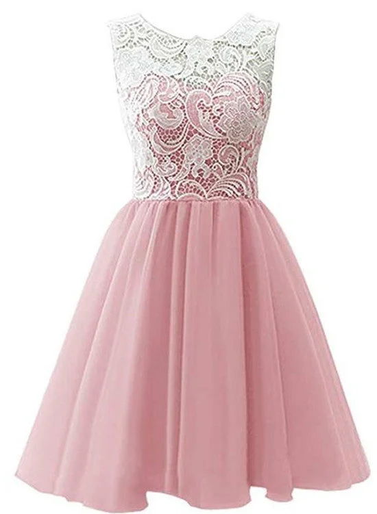 Pink Tulle and Lace Party Dress , Round Neckline Elegant Formal Dress Turtleneck Warm Winter