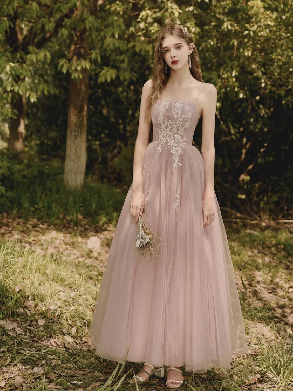 Pink Tulle Lace Tea Length Prom Dress, Lace Evening Dress Tunics New arrival