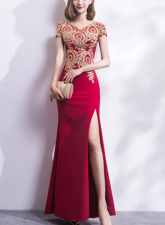 Pretty Cap Sleeves Slit Spandex Floor Length Party Dress, Charming Formal Gown Tunics Winter warm