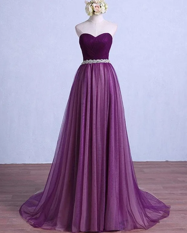 Purple Tulle Sweetheart Long Wedding Party Dress With Belt, Purple Prom Dress Bridesmaid Dress   cg17332 Tunics Versatile stylish