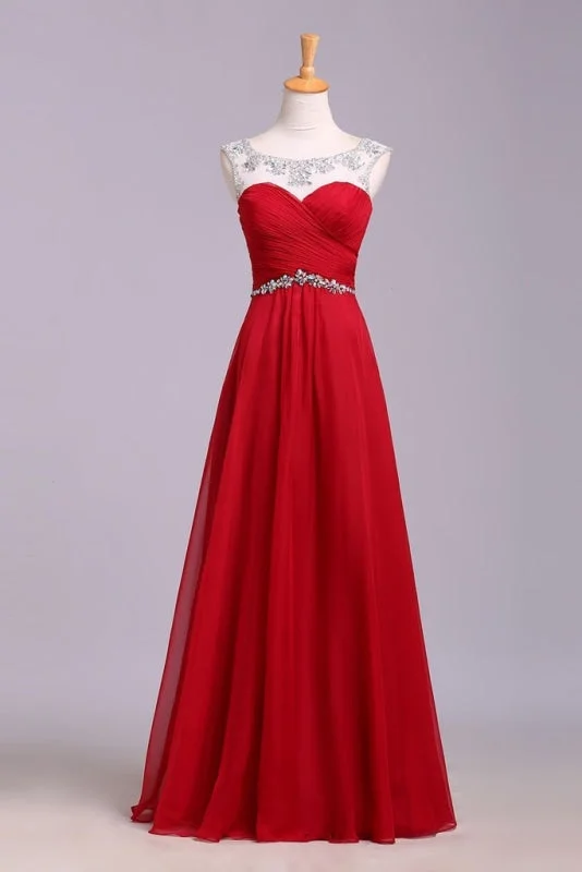 Red Floor Length Chiffon Prom with Crystals A Line Pleated Evening Dress Tunics Bestseller popular