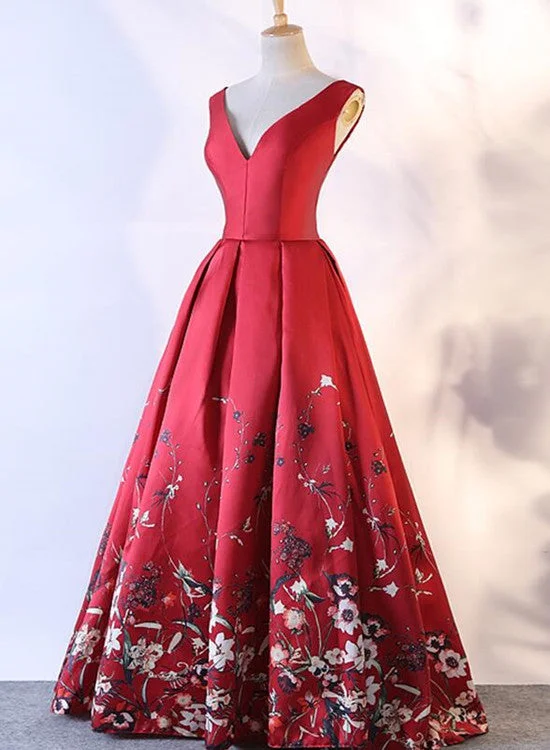 Red Satin Flowers Beautiful V-neckline Party Dress , Charming Formal Gown Tunics Yoga stretchy