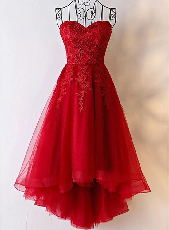 Red Sweetheart High Low Tulle and Lace Party Dress , Cute Formal Gowns Tunics Sophisticated sleek