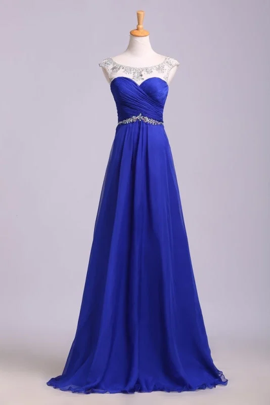 Royal Blue Floor Length Chiffon Prom Rhinestone Belt Evening Dress with Pleats Tunics Distressed trendy