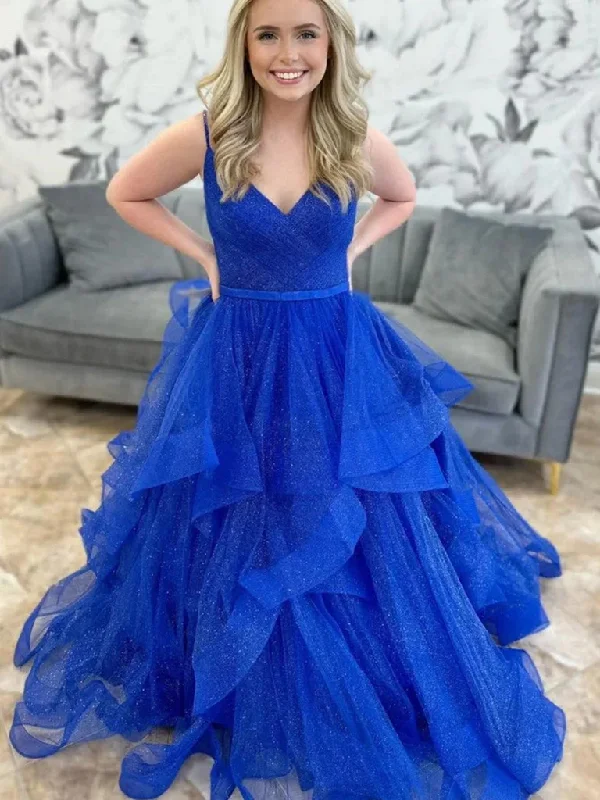 Shiny V Neck Blue Tulle Long Prom Dresses, Fluffy Blue V Neck Formal Evening Dresses Tunics Top rated