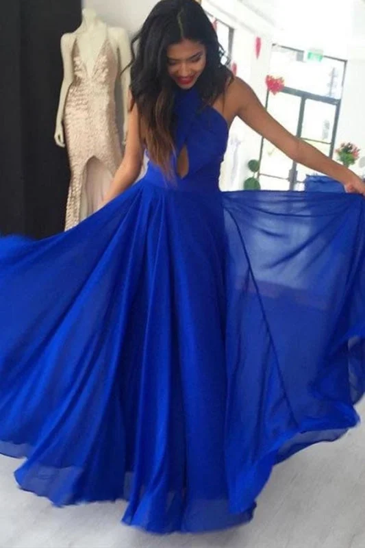 Simple A Line Prom Gown Halter Royal Blue Chiffon Evening Dress with Keyhole Tunics Modern contemporary