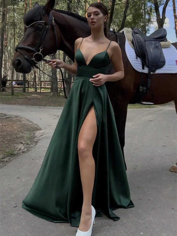 Simple A Line V Neck Emerald Green Long Prom Dress with High Slit, V Neck Green Long Formal Evening Dresses Tunics Canvas sturdy