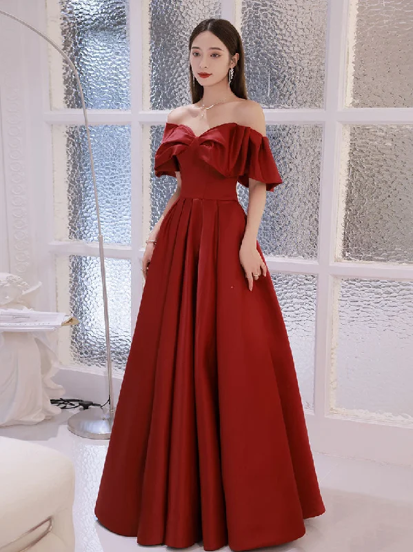 Simple Aline Burgundy Satin Long Prom Dress, Burgundy Evening Dress Peplum Ruffle Cocktail