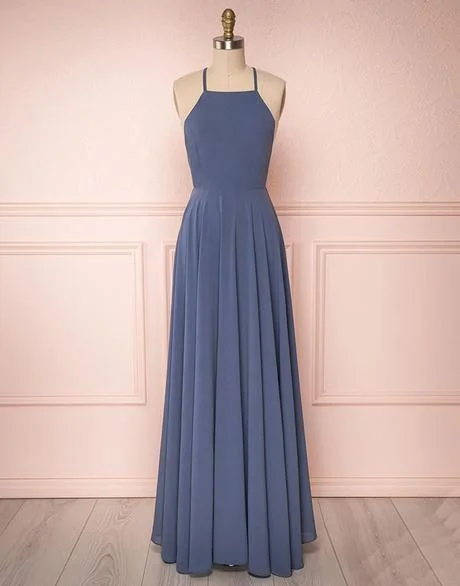 Simple backless chiffon long prom dress, chiffon evening dress, blue bridesmaid dress cg2114 Crew Neckline Casual