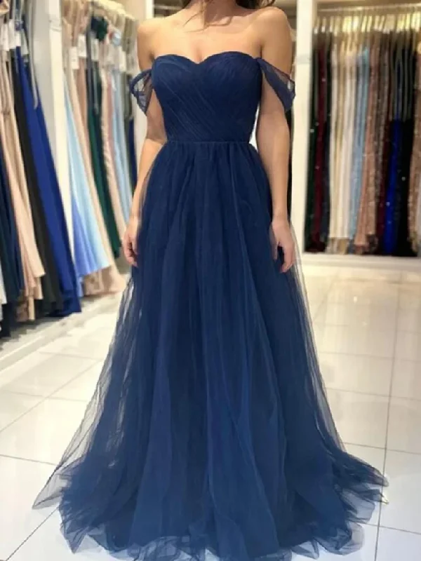 Simple Off Shoulder Navy Blue Tulle Long Prom Dresses, Off the Shoulder Formal Evening Dresses Tunics Mesh breathable