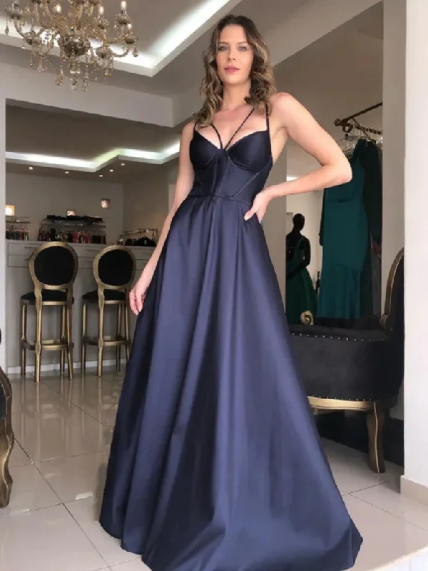 Simple V Neck Backless Dark Blue Satin Long Prom Dresses, Open Back Dark Blue Formal Graduation Evening Dresses Tunics Prom sequined