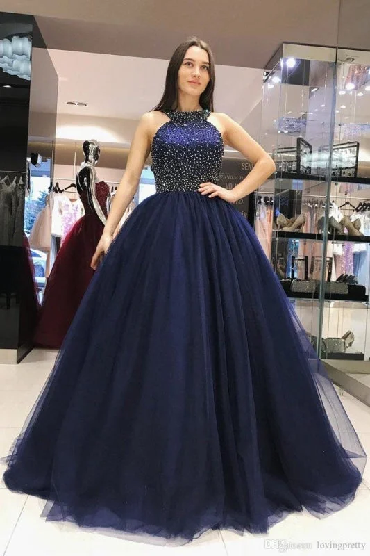 Sparkly Dark Blue Ball Gown Sweet Beading Tulle Long Prom Dresses Shiny Evening Dress Tunics Business professional