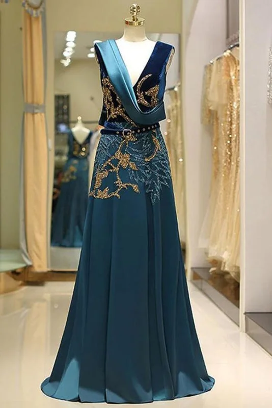 Sparkly V Neck Long Satin Prom with Sequin Belt Beading Evening Dress Crew Neckline Sporty