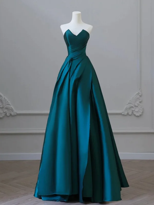 Strapless A Line Satin Green Long Prom Dresses, Green Satin Long Formal Evening Dresses A-Line Day Work