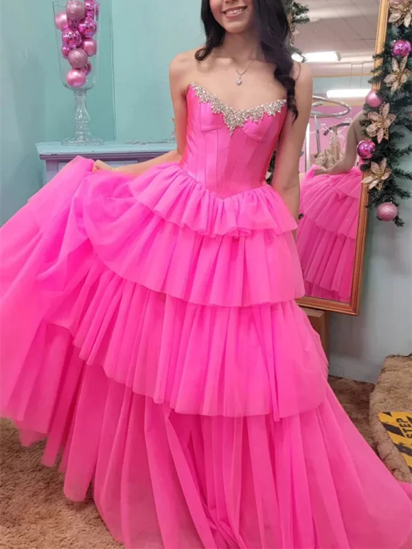 Strapless Beaded Layered Hot Pink Long Prom Dresses with High Slit, Hot Pink Tulle Long Formal Evening Dresses Tunics Floral girly