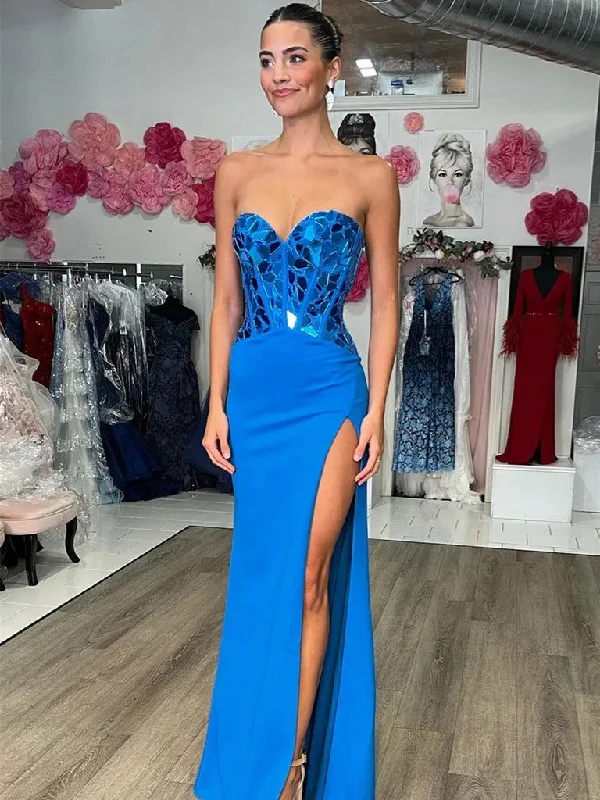 Strapless Blue Red Mermaid Long Prom Dresses With Leg Slit,  Blue Red Mermaid Long Formal Evening Dresses Tunics Versatile functional