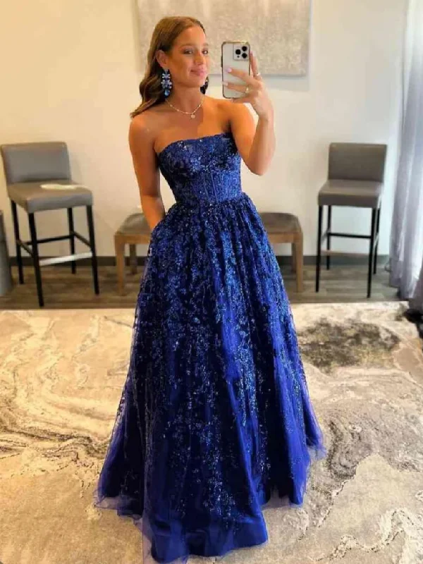 Strapless Navy Blue Lace Long Prom Dresses with Pocket, Navy Blue Lace Formal Evening Dresses High-Low Hemline Casual