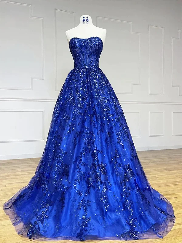 Strapless Royal Blue Lace Long Prom Dresses, Royal Blue Lace Formal Evening Dresses Boatneck Modish Everyday