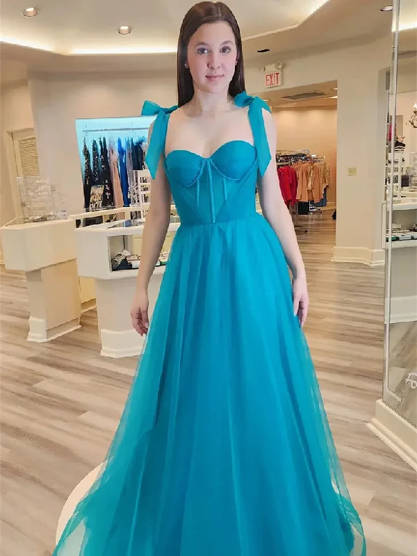 Jade Sweetheart Neck Bow Tie Shoulder Tulle Long Prom Dress, Blue Long Tulle Formal Evening Dresses Tunics Practical easy-care