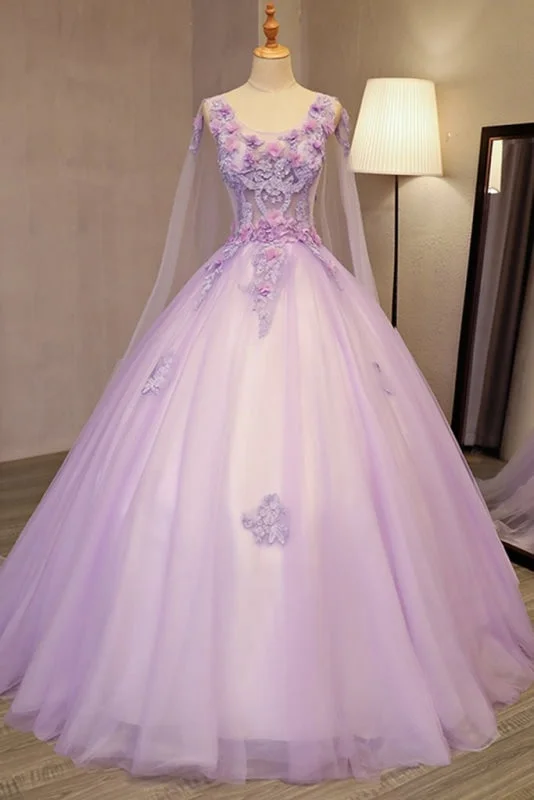 Unique Lilac Tulle Long Ball Gown Evening Dress with Flowers Puffy Quinceanera Dresses Chiffon Maxi Beach