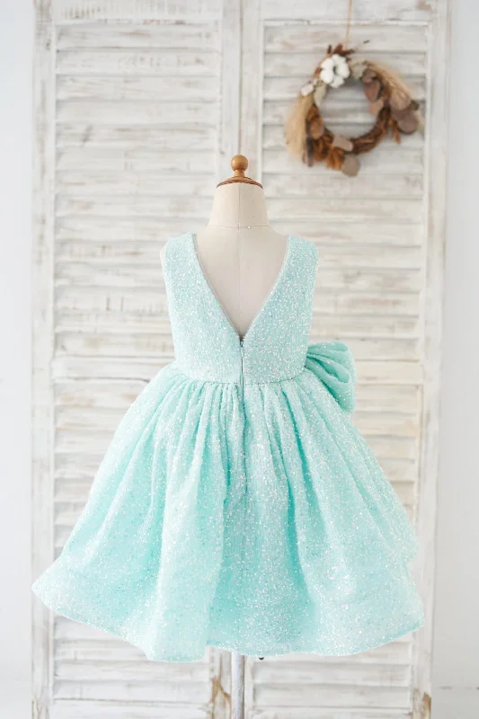 Princess V Back Mint Sequin Wedding Flower Girl Dress Kids Party Dress, Bow Tunics Fall fleece