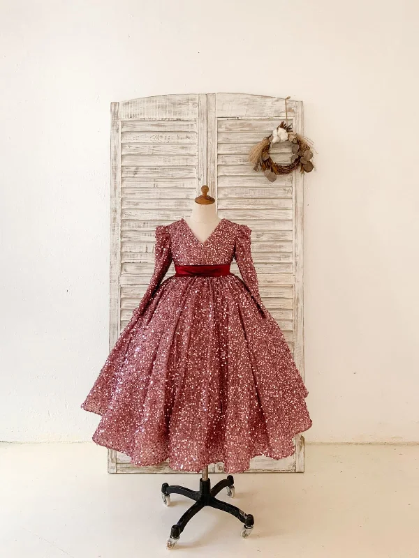 V Back Long Sleeves Burgundy Sequin Wedding Flower Girl Dress Birthday Party Dress Tunics Review highly