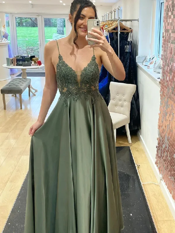 V Neck Dark Green Lace Long Prom Dresses, Dark Green Long Lace Formal Evening Dresses Tunics Chinos classic