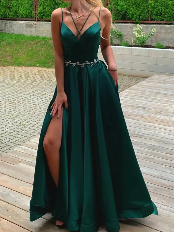 V Neck Dark Green Satin Long Prom Dresses,A Line V Neck Dark Green Long Formal Evening Dresses Tunics Gym athletic