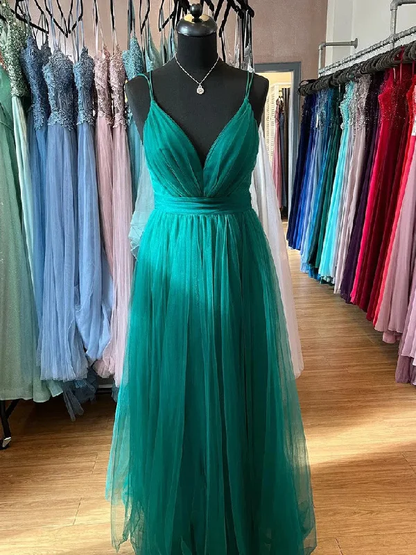 V Neck Dark Green Tulle Long Prom Dresses, Dark Green Tulle Long V Neck Formal Evening Dresses Tunics Exclusive limited