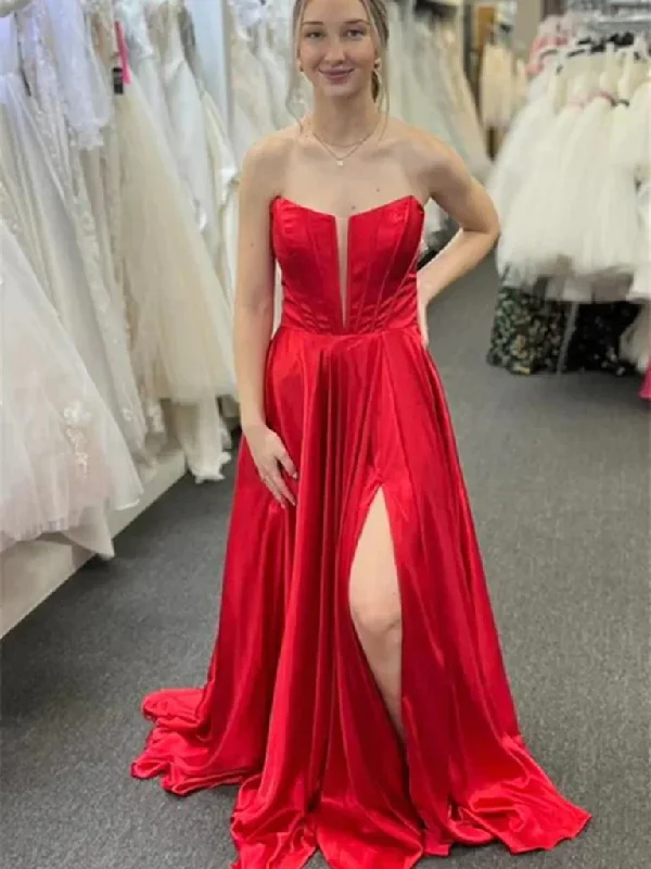 V Neck Strapless Red Long Prom Dresses, Strapless Red V Neck Long Formal Evening Dresses Tunics Spring floral