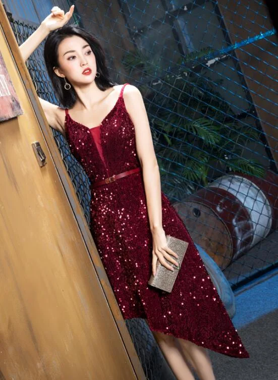 Wine Red Sequins Sexy High Low Party Dress, Sequins Evening Gowns Tunics Cozy comfortable