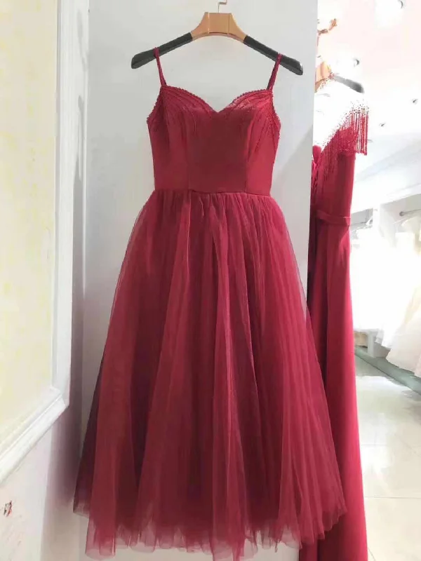 Wine Red Tea Length Sweetheart Straps Wedding Party Dress, Beautiful Formal Gowns Tunics Trendy modern