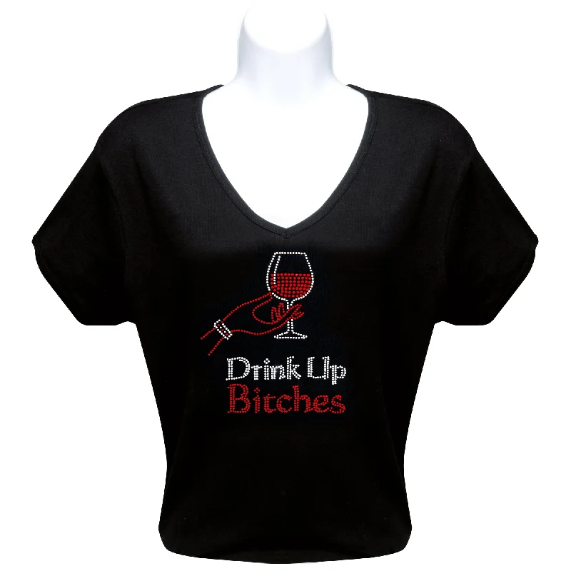 Drink Up Rhinestone T-Shirt Mesh Fabric Canvas Fabric Denim Fabric