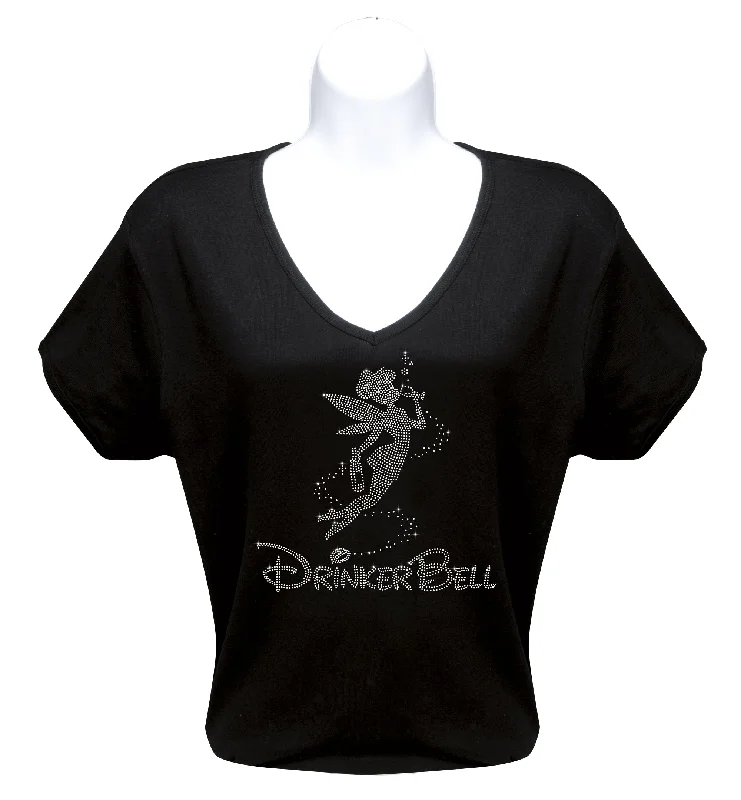 Drinker Bell Rhinestone T-Shirt Notch Collar Peter Pan Collar Cowl Neck