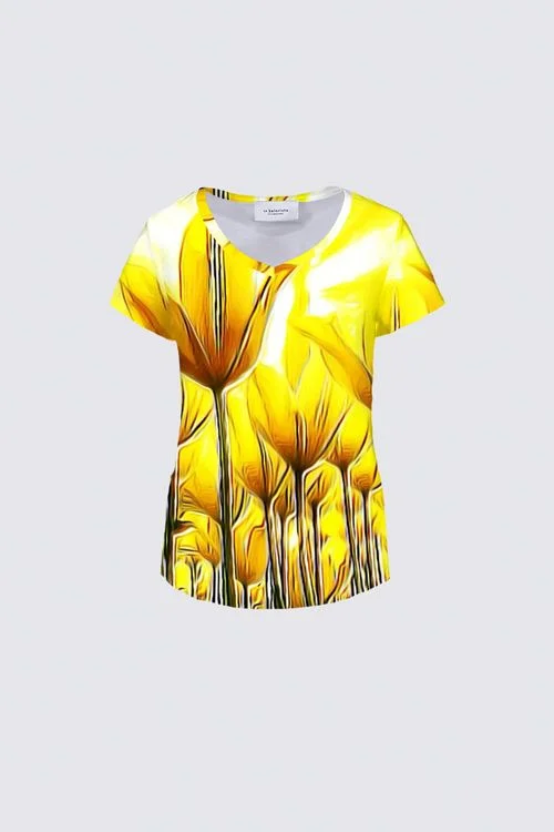 Floral Embosses: Tulip Daydream 02 Designer Nadia T-shirt Graphic Embroidered Appliqued