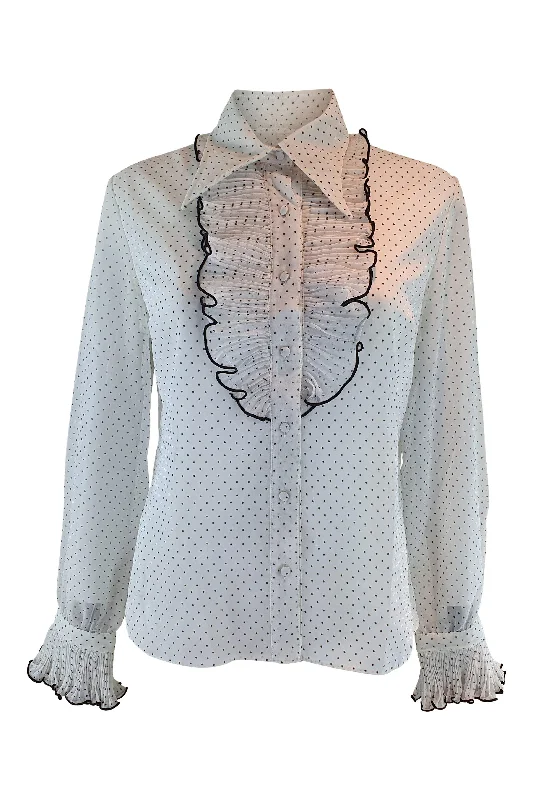 JANET COLTON Vintage White Polyester Polka Dot Ruffled Collar Shirt (40) Terry Blend Velvet Blend Canvas Blend