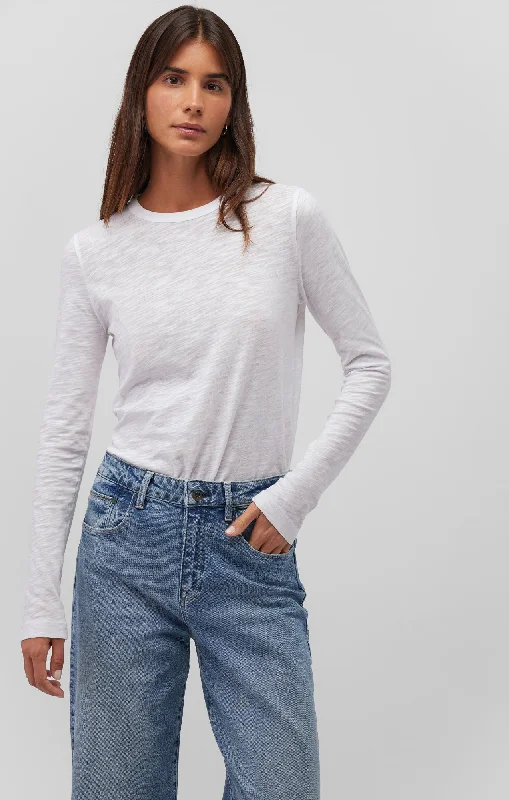 LONG SLEEVE CREW NECK T-SHIRT IN WHITE Silk Blend Satin Velvet