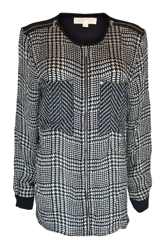 MICHAEL KORS 100% Silk Black and White Dogtooth Check Shirt (L) Rayon Velvet Corduroy