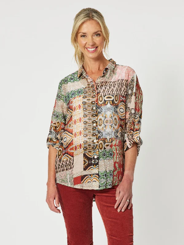 Morocco Print Shirt - Spice Spandex Blend Rayon Blend Denim Blend