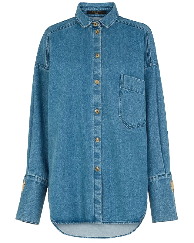 Mid Wash Blue Fenella Denim Shirt Collared Crew Neck Turtle Neck