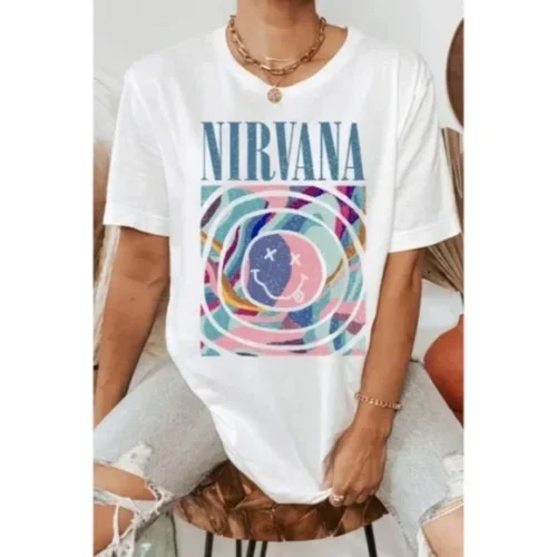 Nirvana Colored Smile Logo Band Music Oversized Relaxed Fit Graphic Tee T-Shirt Mesh Canvas Denim