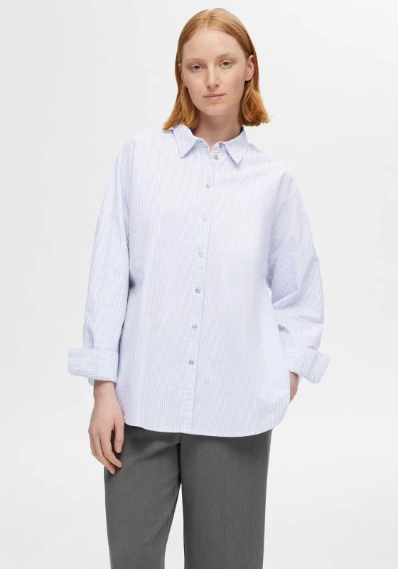 Selected Femme Nova Oxford Oversize Shirt, Bright White & Endless Sky Print Jacquard Patchwork