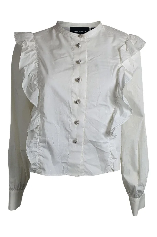 THE KOOPLES White Basic Cotton Frill Front Cropped Shirt (2 | EU 38 | UK 12 ) Chenille Blend Fleece Blend Nylon Blend