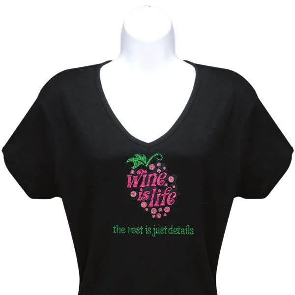 Wine is Life Rhinestone T-Shirt *Select Szs. on Sale* Satin Fabric Silk Fabric Chiffon Fabric