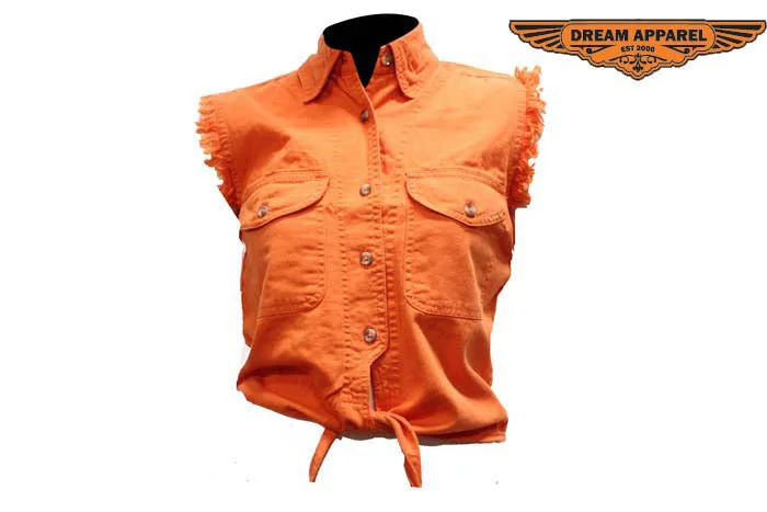 Women Orange Denim Sleeveless Shirt with Buttons Notch Collar Peter Pan Collar Cowl Neck