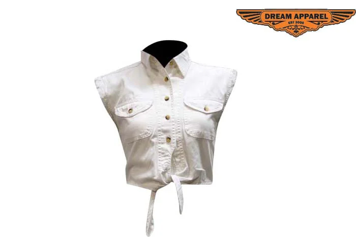 Women White Denim Sleeveless Shirt with Buttons Iron Safe Non-Iron Wrinkle Free