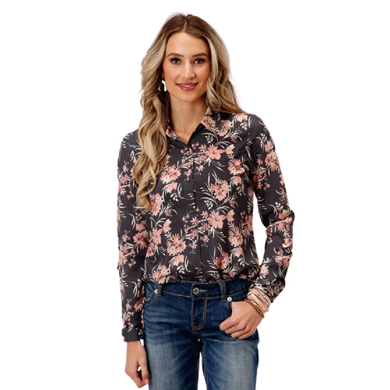 Women's Coral Floral Print Western Long Sleeve Printed Shirt By Roper - 03-050-0590-7071 GY Casual Formal Business