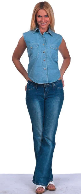 Womens Light Blue Denim Sleeveless Shirt With Buttons Satin Fabric Silk Fabric Chiffon Fabric